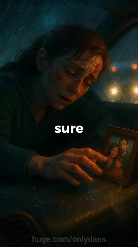 Woman driving in rain, then a family photo clutched by an injured woman, and finally a husband and children smiling.