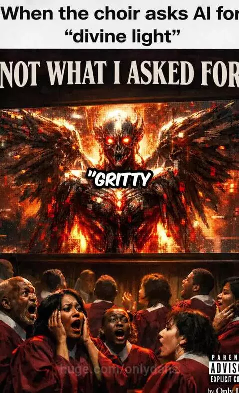 Choir members looking shocked at a large screen displaying a demonic, fiery AI-generated image.