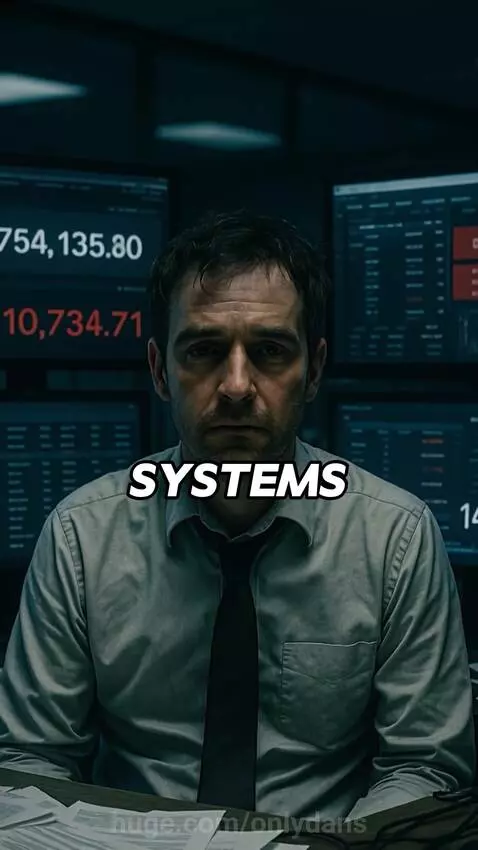 Man stressed at desk during month-end, overwhelmed by invoices and computer systems.