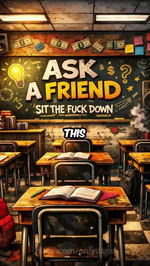 Animated classroom blackboard with 'ASK A FRIEND SIT THE FUCK DOWN' and drawings.