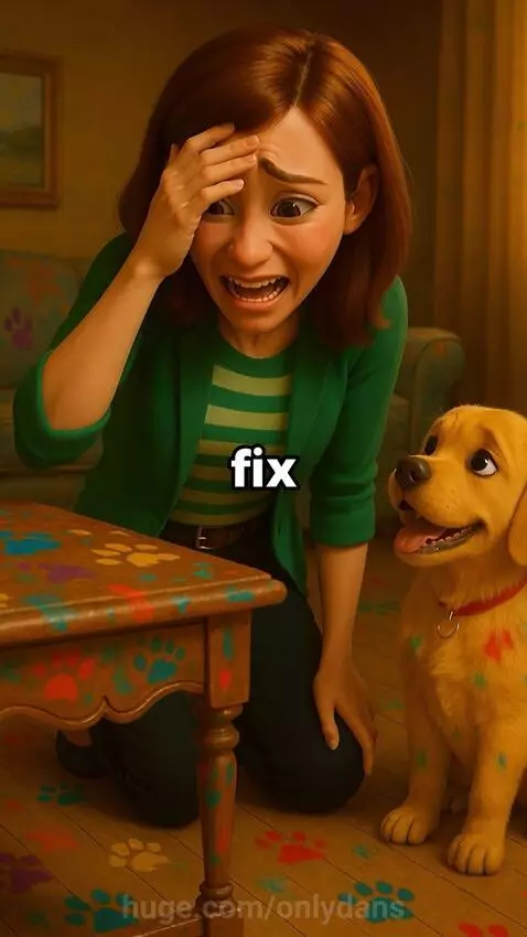 Animated golden retriever puppy covered in paint, next to a splattered table.