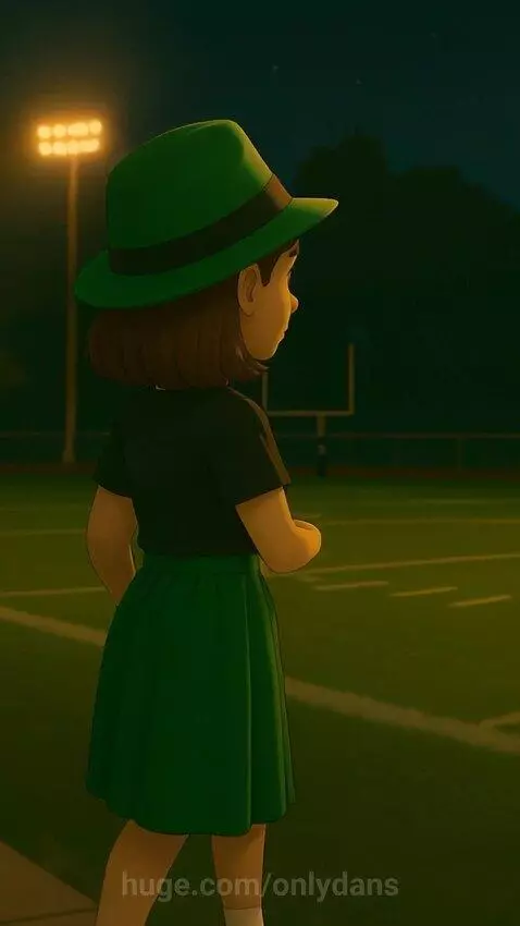 Animated woman in green hat reflecting on community moments like football, family, and courage.