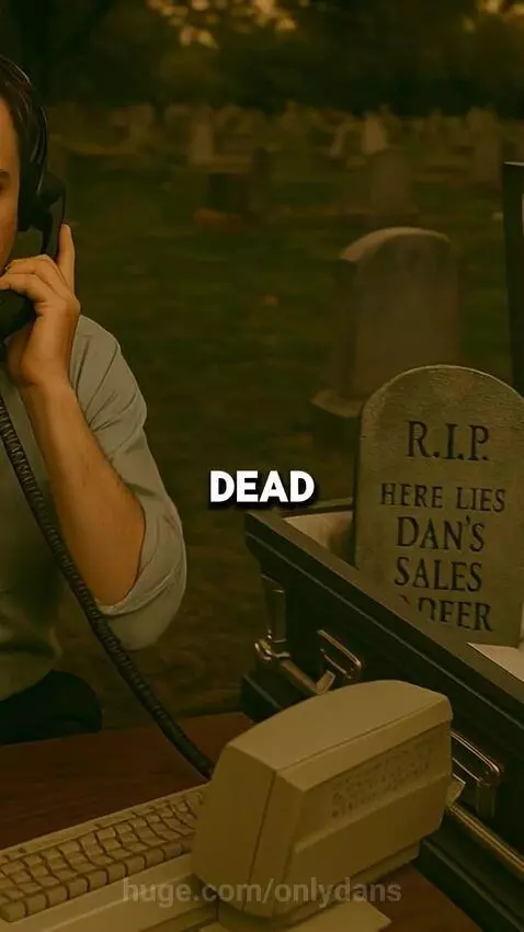 Salesperson in a graveyard looking frustrated at a list, then hopeful with Seamless.AI logo.