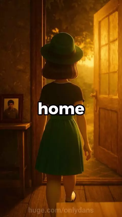 Animated woman in green hat observing acts of kindness like family meals and community support.