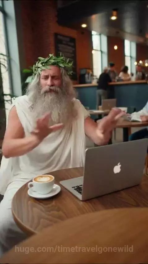Man dressed as Socrates in a toga and beard, looking frustrated at a laptop in a coffee shop.