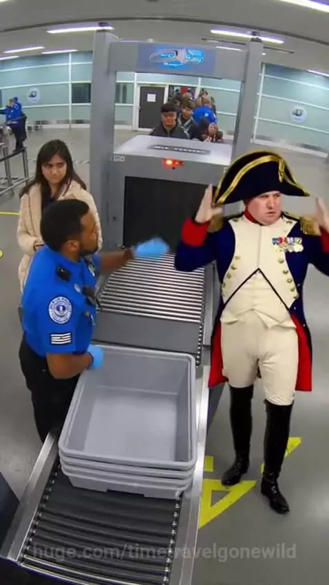 Man dressed as Napoleon Bonaparte at airport security, holding his hat.