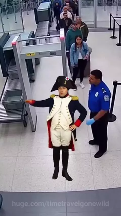 Man dressed as Napoleon Bonaparte dramatically refuses to remove his hat for a TSA agent at airport security.