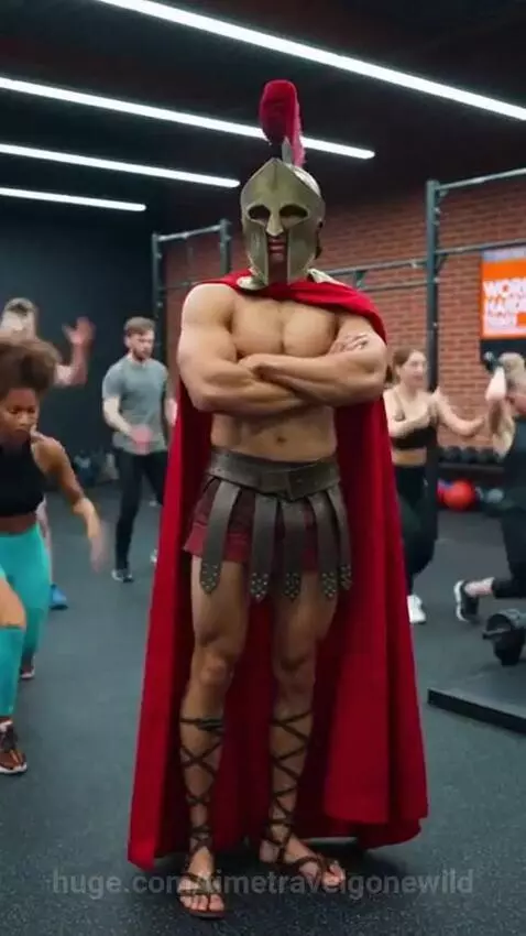 Muscular man in Spartan costume with helmet and cape posing in a gym.