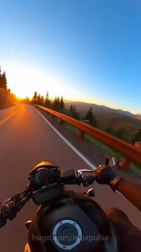 First-person view of a motorcycle on a winding mountain road at golden hour, with evergreen trees and distant mountains.