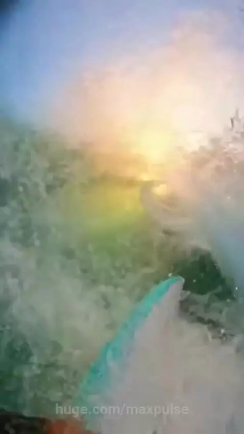 Surfer riding a wave barrel at sunset, with palm trees on the distant shore.