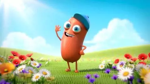 Animated cheerful sausage character with blue cap and eyes, wiggling happily in a flower field.
