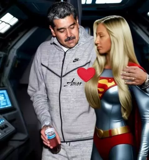 Supergirl and a man in a Nike tracksuit share a romantic kiss in a spaceship control room with an 'Amor' heart.