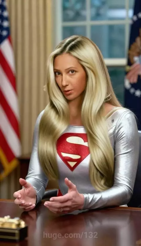 Woman in a silver Supergirl costume with an 'S' emblem sits at a desk in a room resembling the Oval Office.