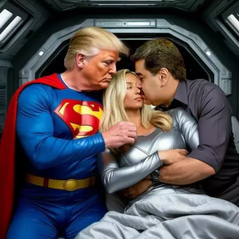 Figures resembling Donald Trump and Nicolas Maduro kissing a woman in a silver outfit inside a spaceship.