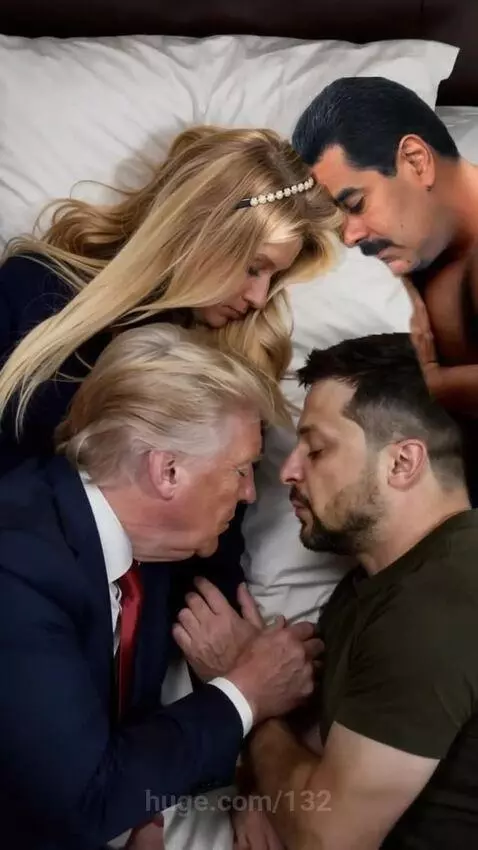 AI-generated image of Donald Trump and Volodymyr Zelenskyy kissing, with Ivanka Trump and Nicolas Maduro nearby.