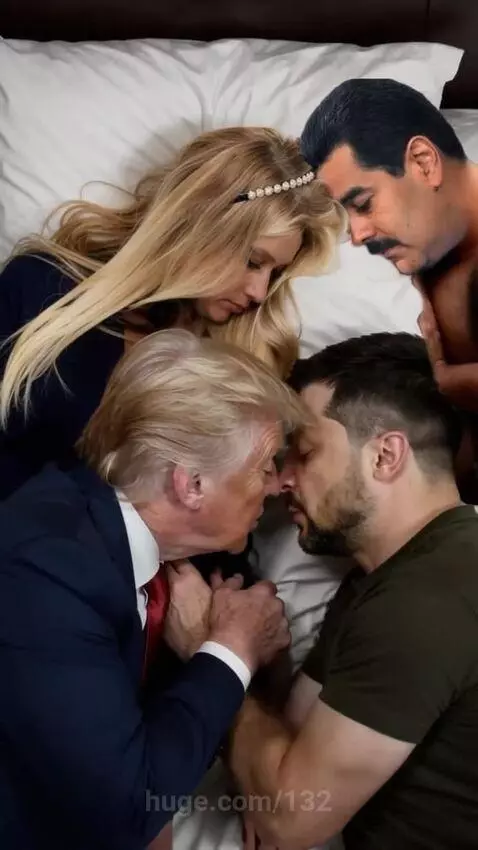 Top-down view of Donald Trump kissing Volodymyr Zelenskyy in bed, with figures resembling Melania Trump and Nicolás Maduro present.