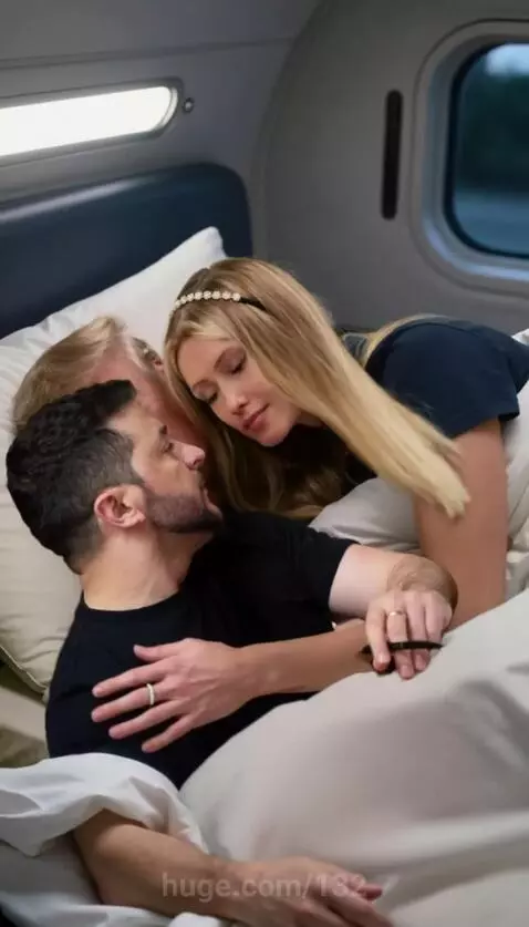 Illustration of Donald Trump sleeping, Volodymyr Zelenskyy awake, and Sydney Sweeney kissing Zelenskyy in a bed.
