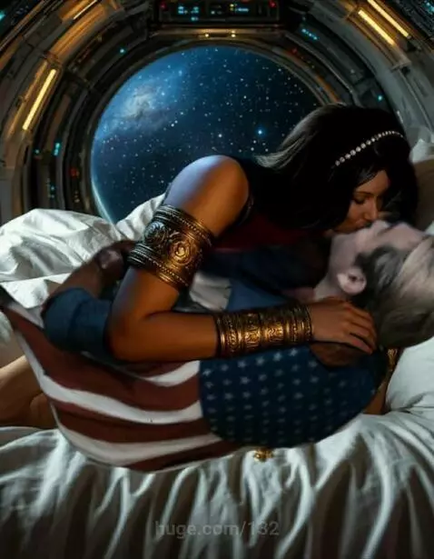 Man and woman kissing passionately in a spaceship bed, with a starry space view outside the window.