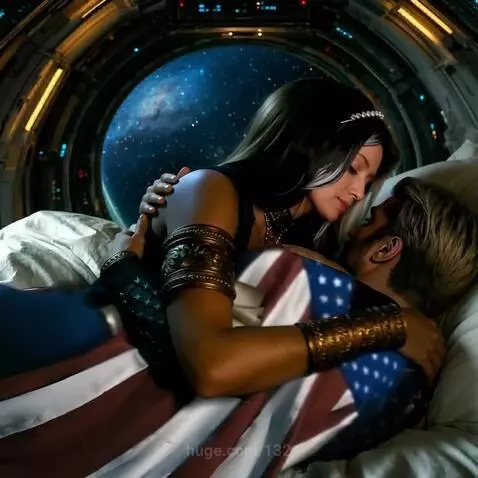 Couple passionately kissing in bed on a spaceship with a view of stars and a galaxy.
