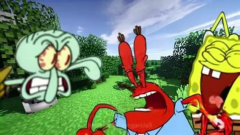 Spongebob, Mr. Krabs, and Squidward characters in a Minecraft-style environment. Mr. Krabs looks angry, Squidward distressed, and Spongebob is laughing.