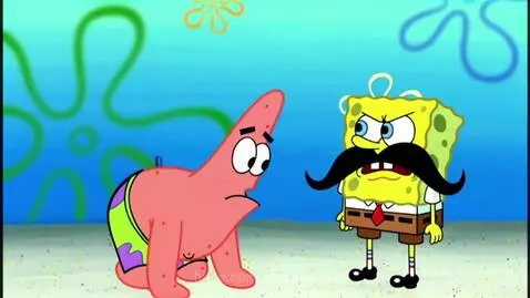 Spongebob with a mustache and tie, looking furious, while Patrick looks surprised holding bacon.
