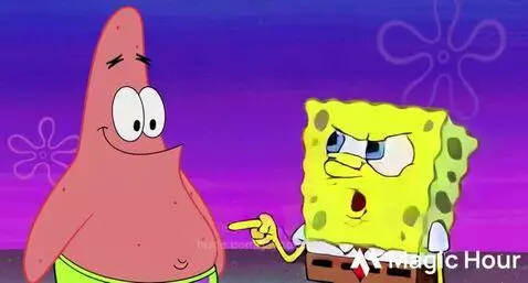 Spongebob Squarepants points accusingly at a sad Patrick Star against a purple background with starfish patterns.