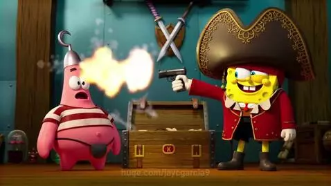 Spongebob dressed as a pirate with a hat and pistol points at Patrick, who is dressed as a pirate with a hook on his head.