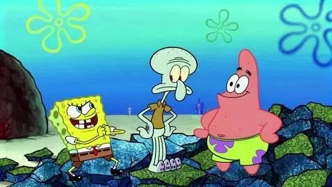 Spongebob, Patrick, and Squidward screaming in anger underwater with contorted faces.