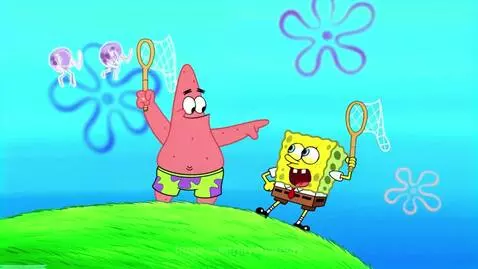 Spongebob and Patrick holding nets on a green hill, with cartoon jellyfish in the air, during a chaotic visual effect.