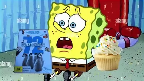 Spongebob Squarepants looking sad while holding a DVD titled '72 Cutest Animals' and a cupcake.
