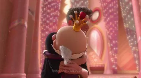 Man hugging animated King Candy in a candy-themed palace.