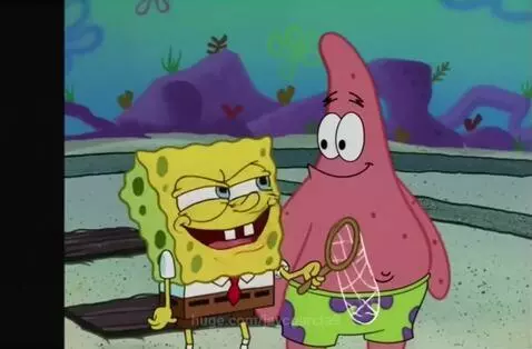 Spongebob Squarepants and Patrick Star in an angry confrontation underwater.