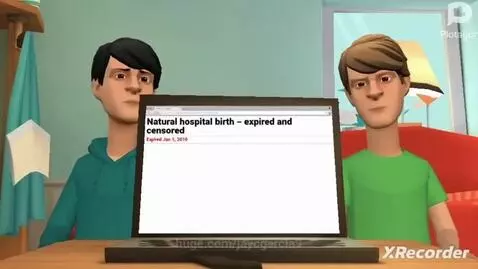 Two animated male characters react with shock and frustration to a laptop screen showing 'Natural hospital birth - expired and censored'.