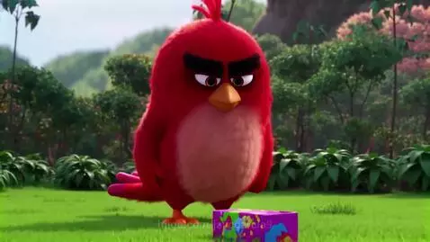 Red Angry Bird character covered in blue paint after an explosion, looking angry.