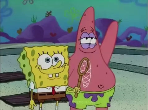 Spongebob Squarepants smiling next to Patrick Star holding a net, with underwater formations in the background.