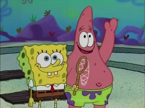 Spongebob smiling underwater next to a sad Patrick Star holding a butterfly net.