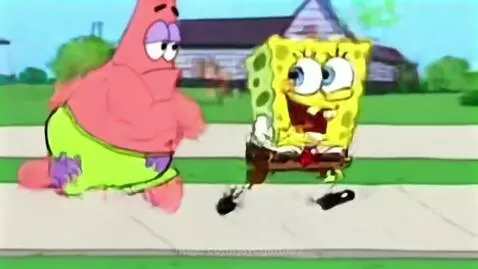 Spongebob Squarepants running energetically ahead of a sluggish Patrick Star on a suburban sidewalk.