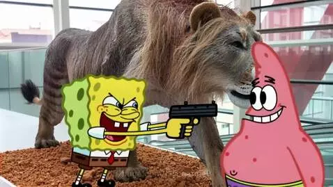 SpongeBob SquarePants holding a gun and pointing it at Patrick Star, with red liquid splattering.