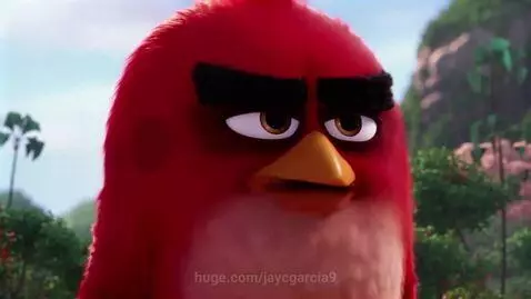 Animated Red Bird character from Angry Birds looking frustrated on a tropical island with a volcano.