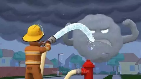 Animated firefighter using a hose to fight a lightning storm cloud.
