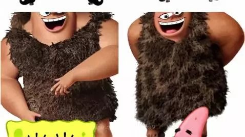 Split screen showing Grug and Thunk from The Croods with Spongebob and Patrick's faces, and dancing Spongebob characters.