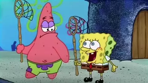 Spongebob and Patrick with butterfly nets on a sandy seabed, Spongebob talking to Patrick about feeding a lion a corn dog.
