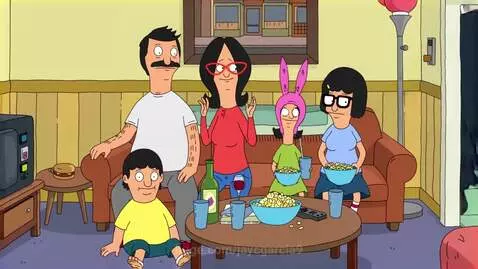 The Belcher family from Bob's Burgers looking startled as a large dog's paw enters the frame while they watch TV.