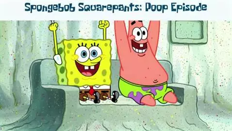 Spongebob and Patrick raising arms in excitement on a couch, with 'Spongebob Squarepants: Poop Episode' title overlay.