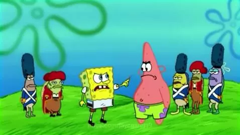 Spongebob and Patrick in military uniforms in an angry confrontation with a dust cloud between them.