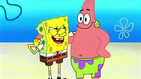 Spongebob and Patrick in an angry cartoon fight, struggling in smoke.