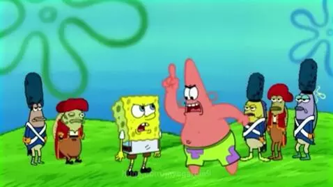 Spongebob and Patrick looking angry, Patrick points upwards, military characters behind them.