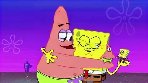 Spongebob and Patrick in an underwater scene, Spongebob looks sternly at Patrick.