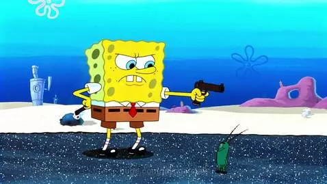 Spongebob character pointing a gun at Plankton character, with a red splash effect.