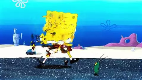 Spongebob holding a gun with a menacing smile after shooting Plankton on the ocean floor.